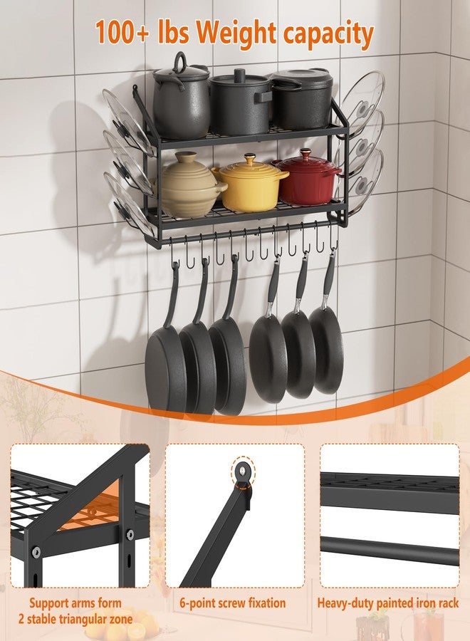 VOPEAK 30" Pot Rack Wall Mounted with 6 Detachable Pot Lid Holders,12 Adjustable S Hooks for Hanging Pans,2 Tier Black Heavy Duty Metal Shelves for pots and pans Organizer,200lbs Capcity,Space Saving - Image 5